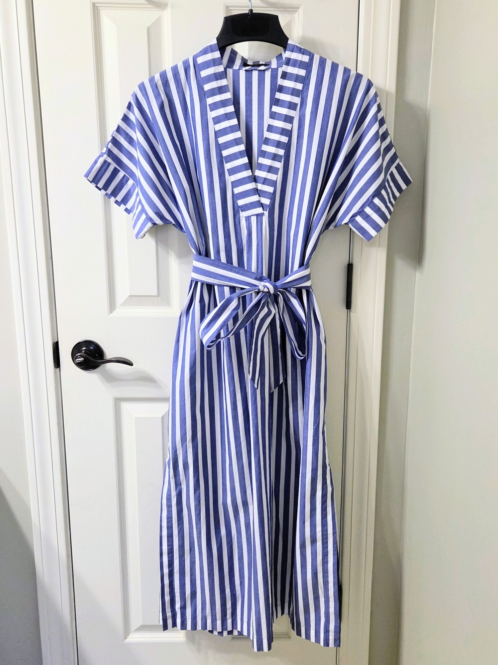 J. Crew Blue and White Striped Belted Short Sleeve Midi Dress 100% Cotton